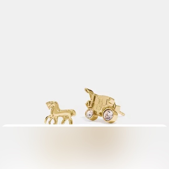 Coach pave gold plated Horse And Carriage CZ crystal Stud Earrings new - Picture 3 of 4